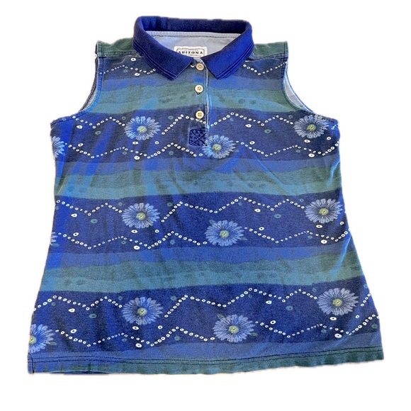 Arizona Jean Company Tops - Vintage Arizona Women’s Small Floral Sleeveless Polo Tank Striped 90s Cotton